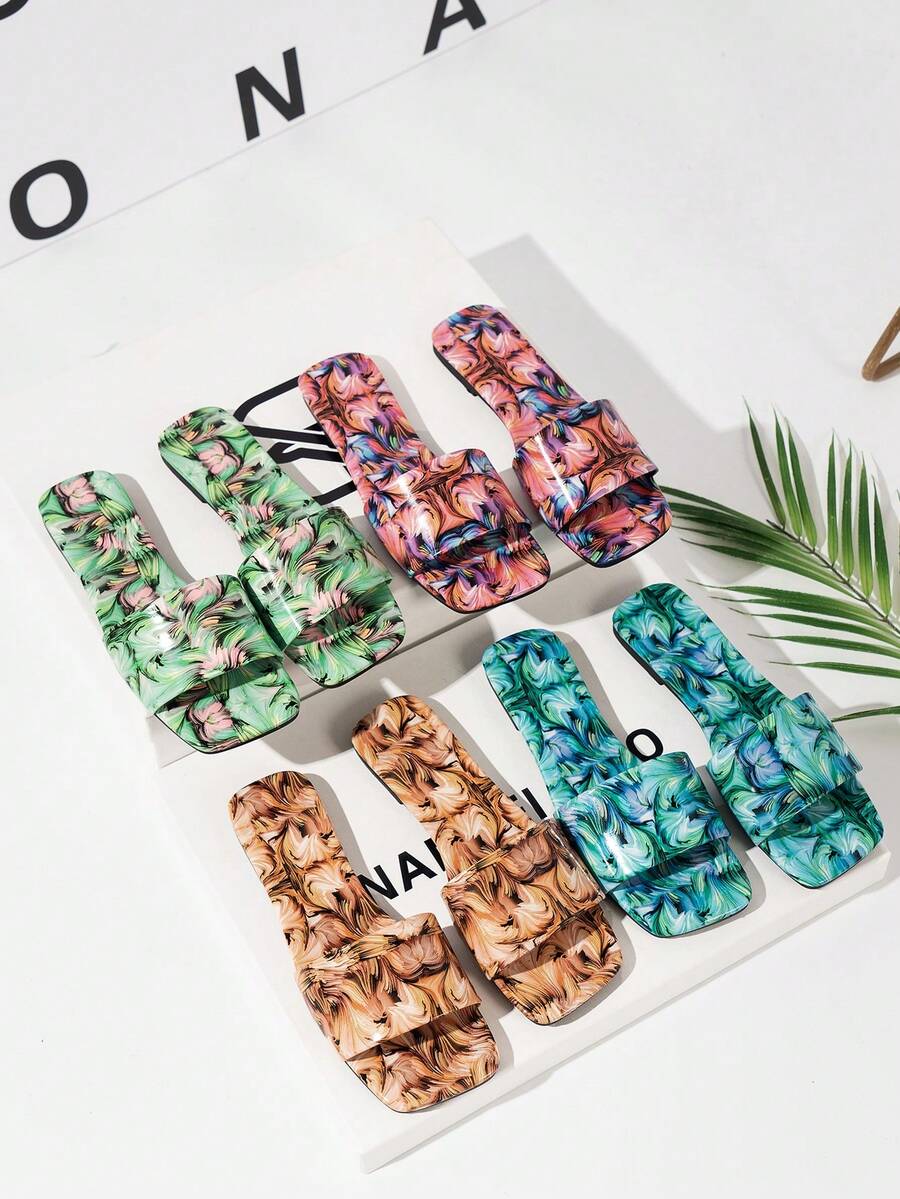 女士花卉印花淺粉色隨機圖案婚禮派對涼鞋，金色開放式腳趾戶外休閒涼鞋，時尚平底旅遊度假涼鞋，舒適的平底拖鞋居家穿著，女士平台折扣拖鞋音樂節 - 紅色 - 查看 1