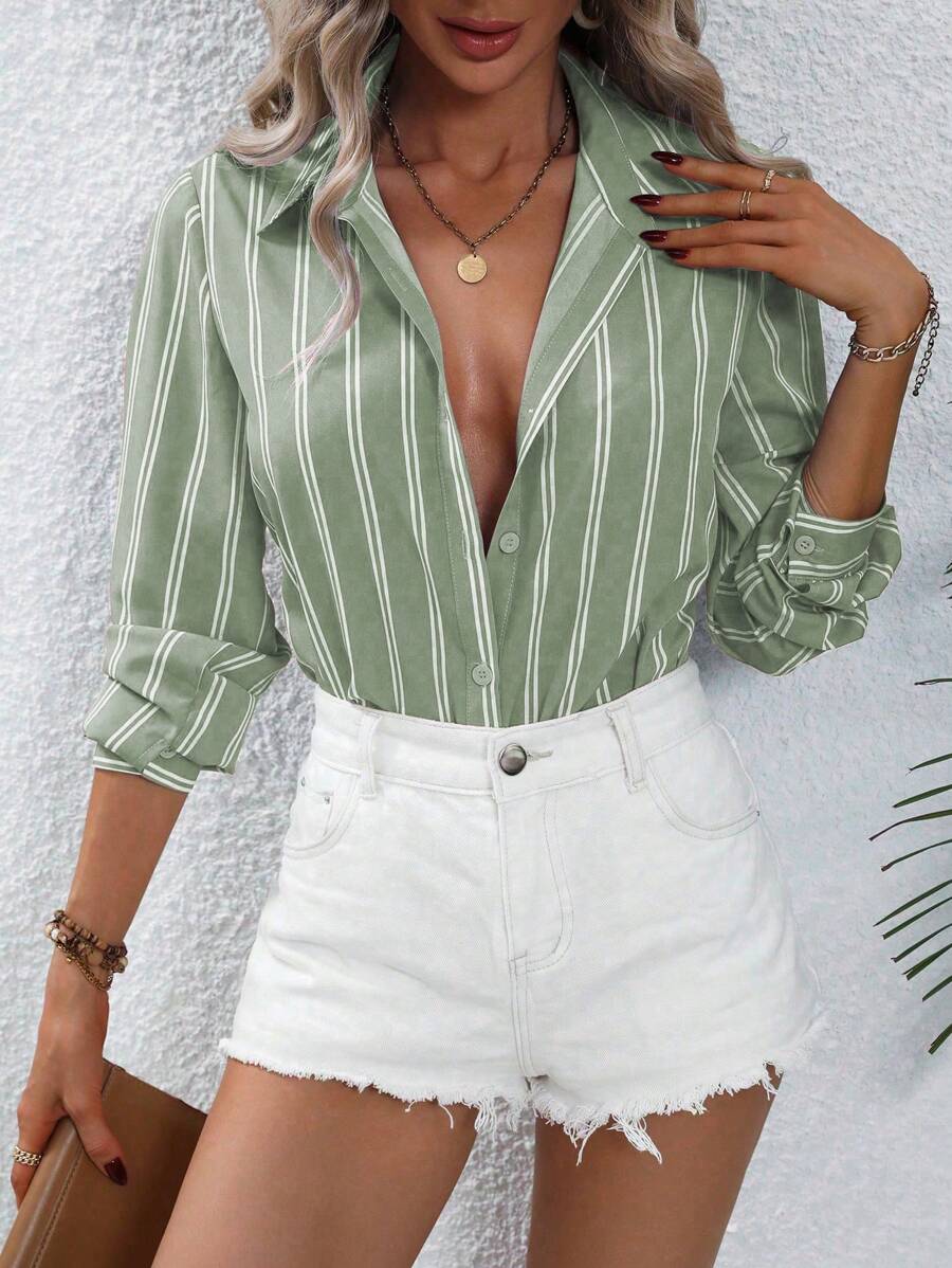 EMERY ROSE 女士時尚直條紋長袖襯衫