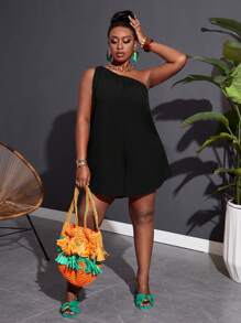 Slaydiva Plus Size Women's One Shoulder Sleeveless Solid Color Wide Leg Jumpsuit