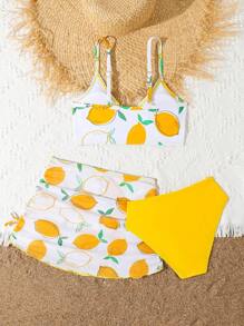 SHEIN Tween Girl Separated Bikini Set, Random Printed, 3pcs/Set Summer Beach
