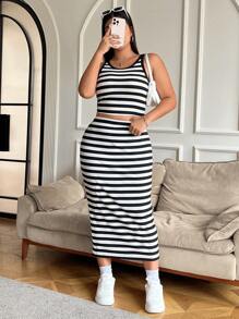 SHEIN EZwear Bộ 2 món dệt kim không tay sọc trắng đen cỡ lớn dành cho nữ - Đen và trắng - Xem 5