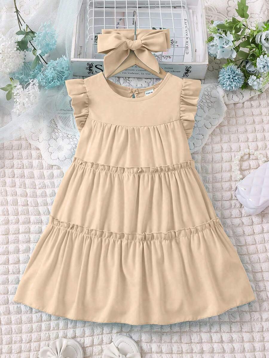 SHEIN Vestido de verano simple para joven chica con cuello redondo, unicolor y bajo con ribete de volantes - Albaricoque - Ver 1