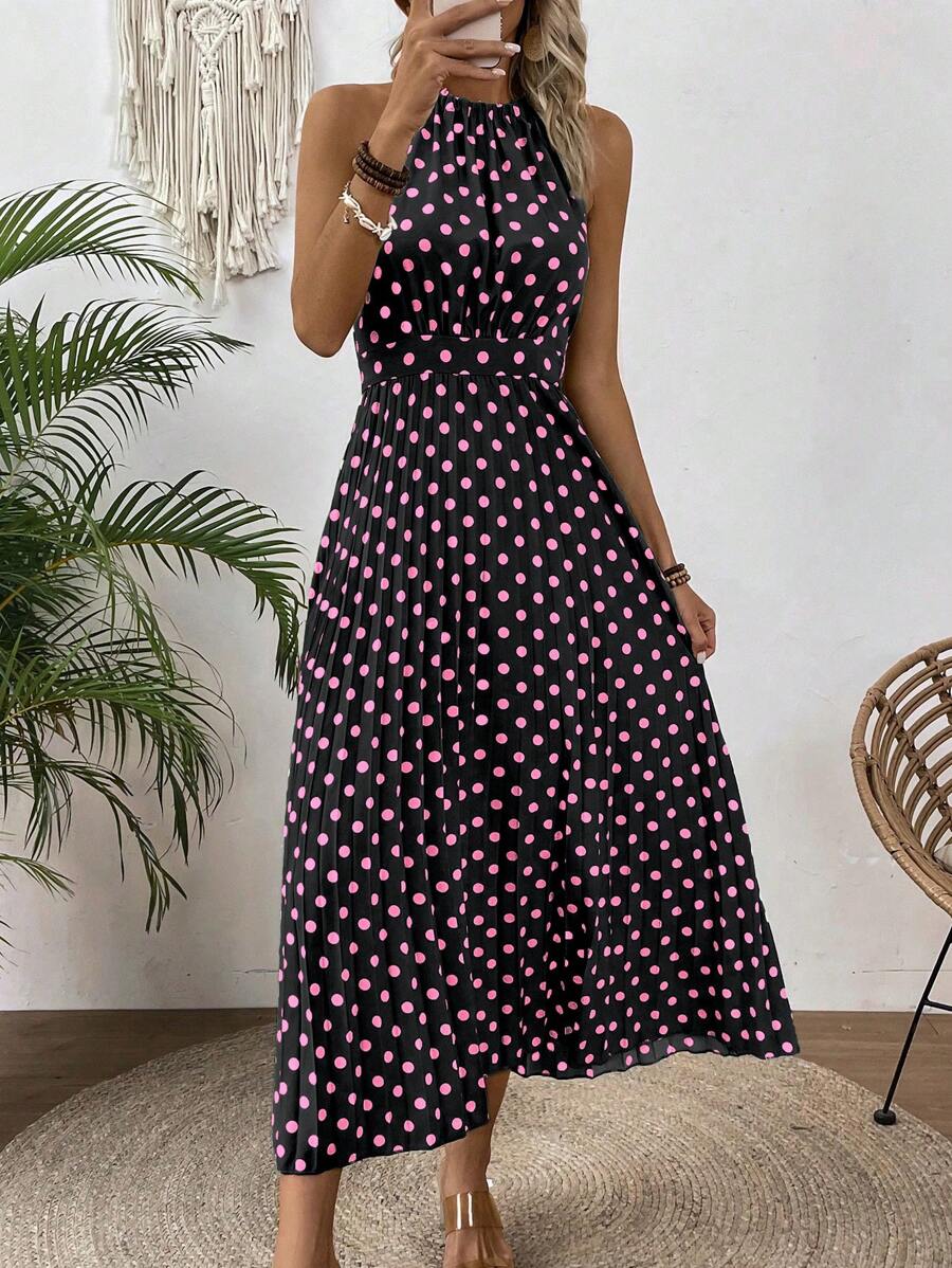 Breezaya Váy xếp ly không tay in họa tiết chấm bi cho nữ, trang phục ngày lễ thắt eo - màu đen - Xem 1