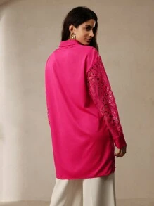 Anewsta 品質紋理女式性感粉色蕾絲中長款空心衫 - 玫紅色 - 查看 2