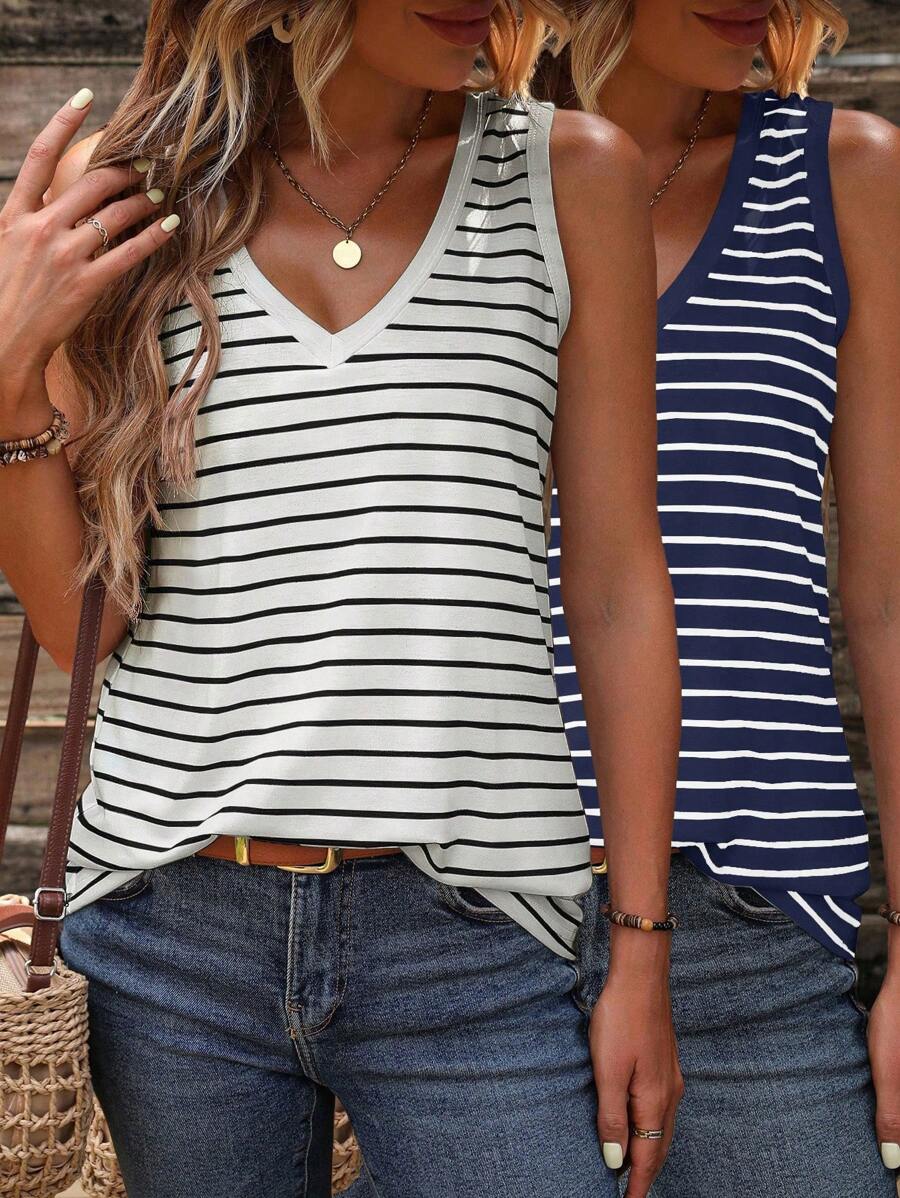 EMERY ROSE 夏季假期休閒拼接條紋背心 - 彩色 - 查看 1