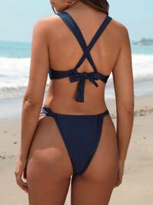 Swim Chiccia Women's Solid Color Back Strap Bikini Set For Beach Vacation Including Bra And Swimwear,Summer Beach - Baby Blue - View 3