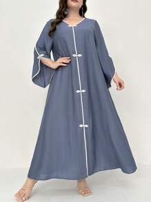 Al Najma Plus Size V-Neck Contrast Trim Split Sleeve Casual Modest Arabian Dress, Kaftan - Dusty Blue - View 4