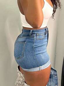 Trending Peach-Shaped Women's Minimalist All-Match Versatile Denim Shorts - 中等水洗藍 - 查看 3