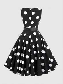 SHEIN Unity Fashionable Women's Polka Dot Printed Sleeveless V-Neck Dress Maxi Women Outfit - Black - View 2