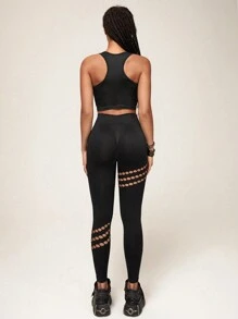 SHEIN Mallas elásticas de mujer con huecos y unicolor, adecuadas para usar a diario y como atuendo deportivo - Negro - Ver 3