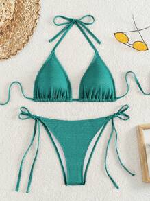 Swim Mod Women's Solid Color Halter Strap Sexy Bikini Set For Vacation, Beach,Summer Beach - Green - View 1