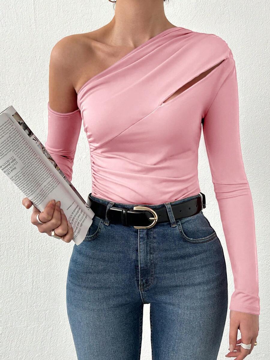 Women's Oblique Shoulder Slim Fit Hollow Out T-Shirt