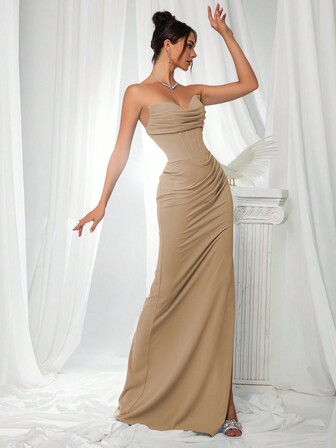 VIPGIRL ชุดเพื่อนเจ้าสาวที่สง่างาม: ชุดราตรีผ้าซาตินเข้ารูป เกาะอก ที่มีเสื้อท่อนบนแบบคอร์เซ็ต & เอวระบาย - ชุดออกงานทางการหรูหราสไตล์มินิมอล, ชุดสำหรับแขกงานแต่งงาน