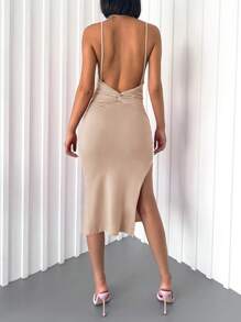EURMUSE Solid Split Thigh Cami Dress - Beige - View 1
