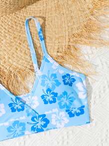 Tween Girl 3pcs Separated Bikini Set, Random Prints Summer Beach - Blue - View 3