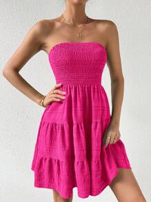 Chiquease 女士時尚無肩帶多層褶邊洋裝 - 玫紅色 - 查看 7