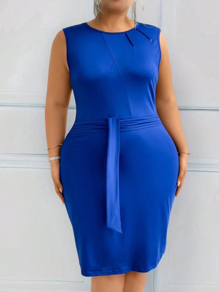Plus Size Solid Color Sleeveless Dress With Belt And Round Neck For Summer