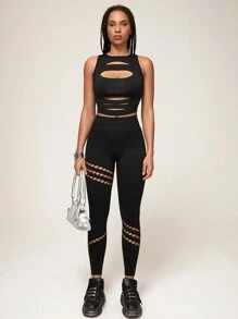SHEIN Mallas elásticas de mujer con huecos y unicolor, adecuadas para usar a diario y como atuendo deportivo - Negro - Ver 5