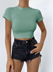 Cottnline Camiseta Corta Asimétrica Con Dobladillo Y Pliegues Laterales