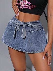 SHEIN ICON Mini Saia Denim de Verão com Laço - Lavagem Média - Visão 1