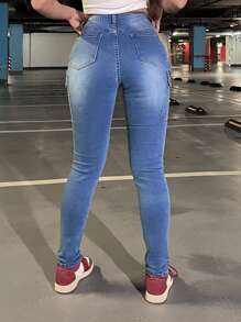Quần jeans cargo dáng skinny, túi nắp, kiểu dáng thường ngày, đã qua xử lý giặt. - Rửa trung bình - Xem 2