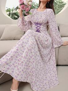 Al Najma Ladies' Elegant Long Sleeve Allover Print Dress, Random Pattern, Modest Full Length Jalabiya, Casual Long Sleeve Dress - Multicolor - View 1