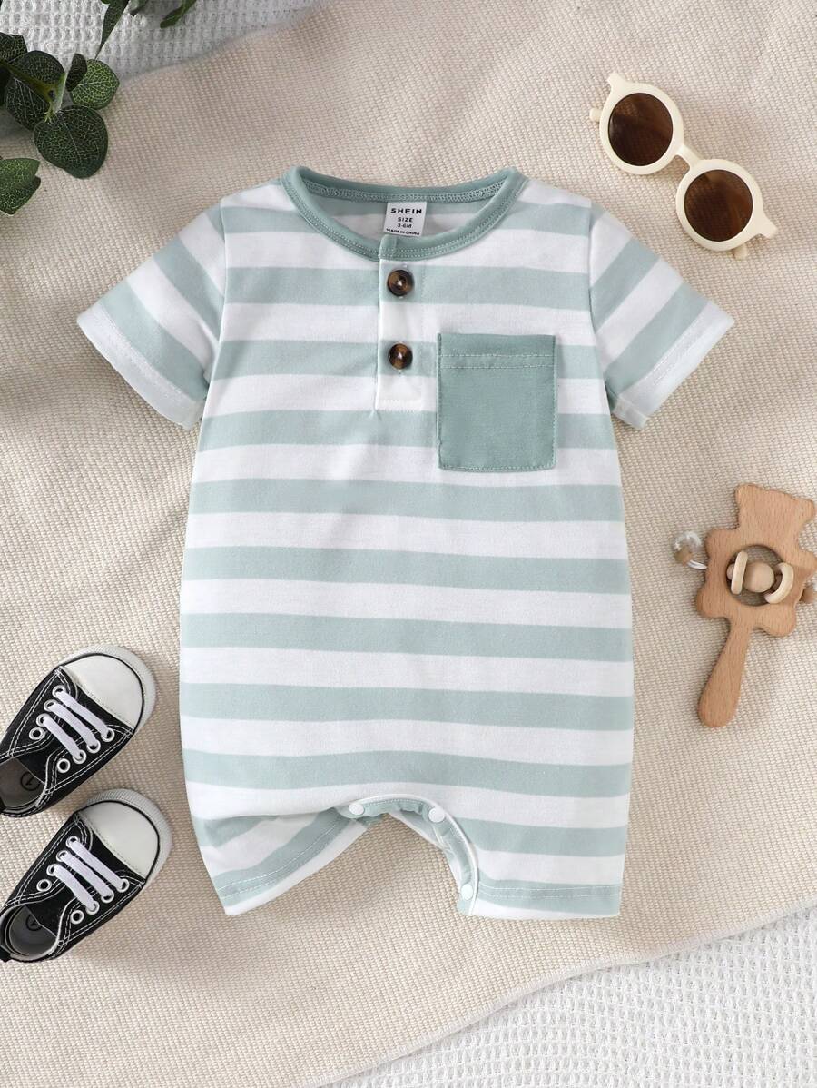 SHEIN Playful Pals Baby Boys' Striped Short Sleeve Casual Romper With Pocketed Shorts For Summer - Green - View 1