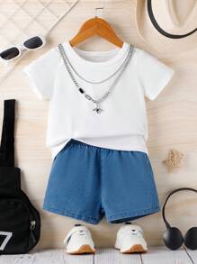 SHEIN 寶寶男童夏季休閒牛仔馬甲3件套