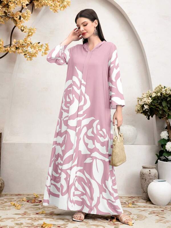 Mulvari Loose Fit Arabian Hooded Printed Casual Modest Long Sleeve Dress
