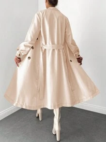 EURMUSE Solid Double Breasted Lapel Neck Belted Trench Coat - 米色 - 查看 2