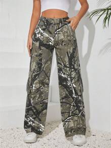 SHEIN Tall Women's Casual Daily Wear Cargo Pants With Pockets - Army Green - View 1