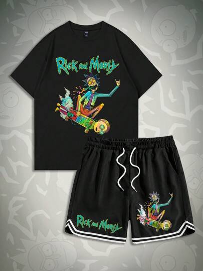 Rick and Morty | ROMWE Ensemble décontracté d'été pour hommes, t-shirt à manches courtes avec impression de personnage de bande dessinée et de lettre, short à cordon de serrage à la taille, école