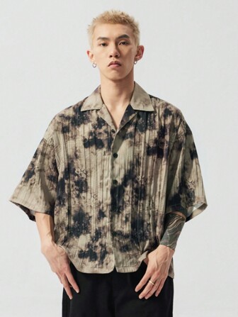 XINYINSU Floral Plicated Pleated Casual Shirt Standing Lapel Button Cardigan Lapel Collar Button Men's Baggy Loose Fit Spring Summer Top ,Green