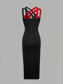 Xyvia Color-Blocking Sleeveless Maxi Party Dress With Front Slit For New Year Clothes - Red - View 2