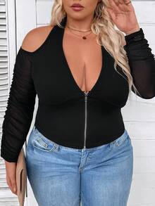 SHEIN CURVE+ 大尺碼女士夏季純色拉鍊半扣開肩長袖修身短上衣 - 黑色 - 查看 6