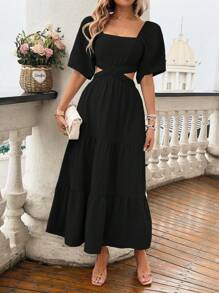 Breezaya 女士方领镂空纯色简约宴会短袖连衣裙长款女士服装