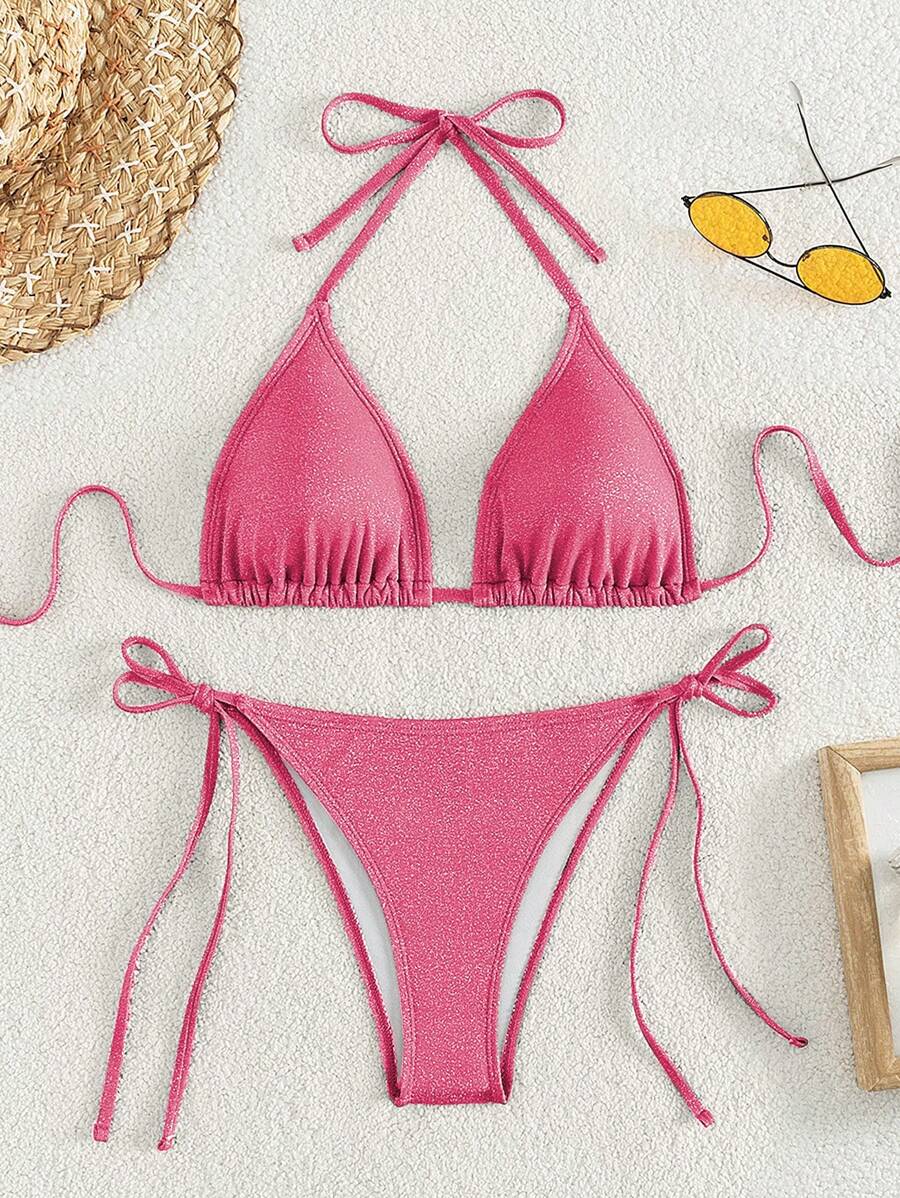 SHEIN Swim 女士纯色吊带比基尼套装,带独立比基尼套装,性感度假泳装,夏季海滩 - 玫紅色 - 查看 1
