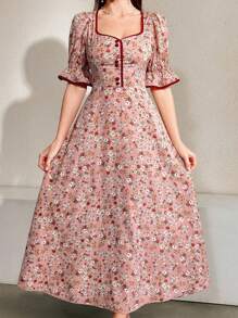 Modelyn Rochie De Dama Bubble Maneca Florala Cu Margine Contrast Maxi Tinuta Femei Rochii De Seara Lungi - Roz - Vizualizare 3