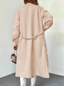 EURMUSE Solid Double Breasted Lapel Neck Belted Trench Coat - 米色 - 查看 3