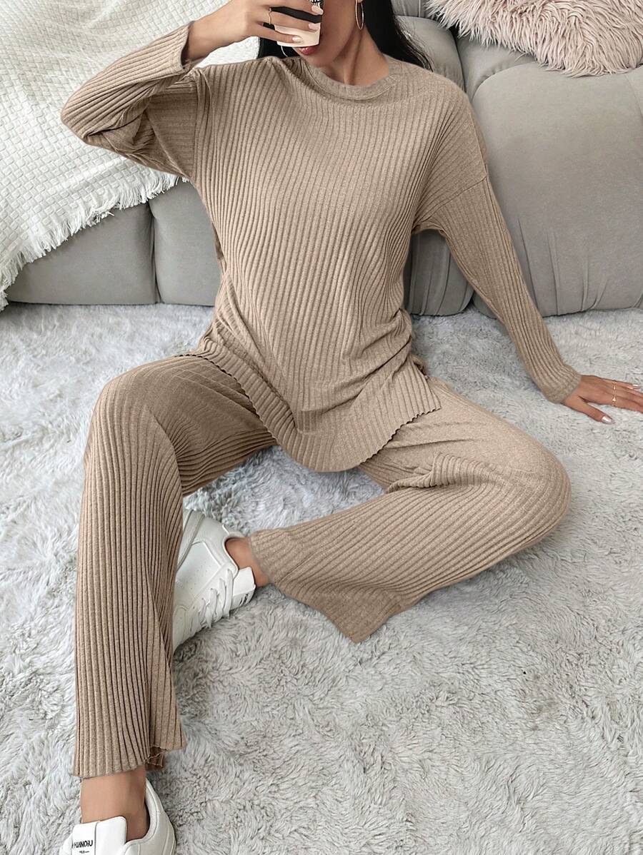 EURMUSE Cotton Ribbed Knit Drop Shoulder Tee & Pants - Coffee Brown - View 1