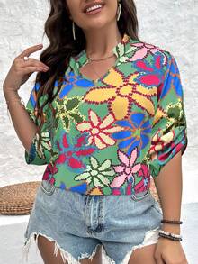 SHEIN LUNE Chemisier grande taille imprimé floral pour femme avec manches mi-longues et col en V, style de vacances - Vert - Voir 5