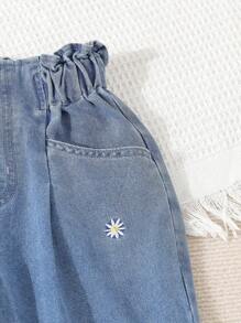 SHEIN Tween Girls Elegant Casual Embroidered Denim Jeans, Autumn Summer Holiday - Light Wash - View 4