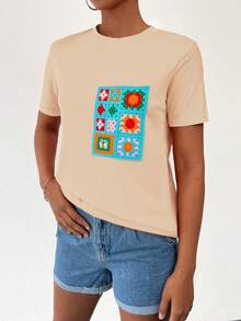 EURMUSE Maglietta A Maniche Corte Stampata Con Fiori Per Donna - Cachi - Visualizzare 4