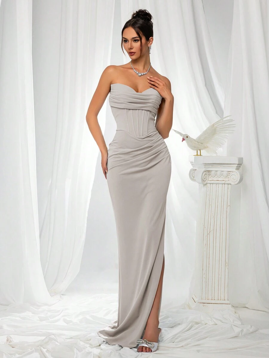 VIPGIRL Strapless Slit Elegant Women Evening Dress Gown, Bridesmaid Dress - 淺灰色 - 查看 1