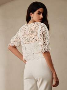 Anewsta Atractiva blusa de encaje para mujeres con mangas globas y cintura ajustada