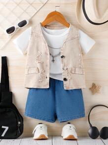 SHEIN 寶寶男童夏季休閒牛仔馬甲3件套