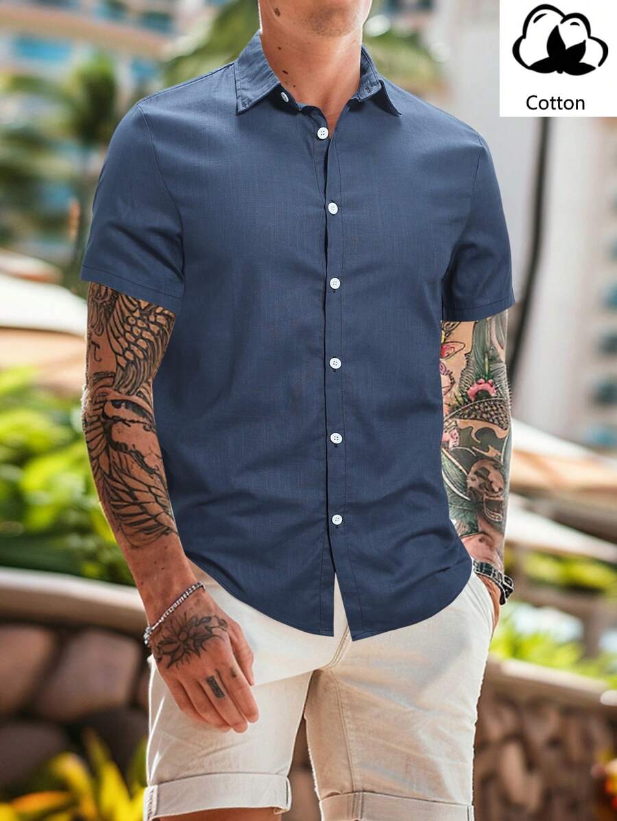 Manfinity Homme 男士時尚純色短袖鈕扣襯衫 - 藏蓝色 - 查看 1