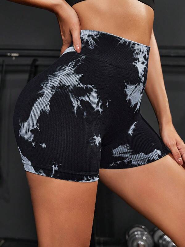 SHEIN Sport Studio Pantaloni scurți sport slim cu talie lată imprimați Tie-DyeSort pentru transpirație pentru femei, scurt pentru gimnastică, scurt pentru motociclist