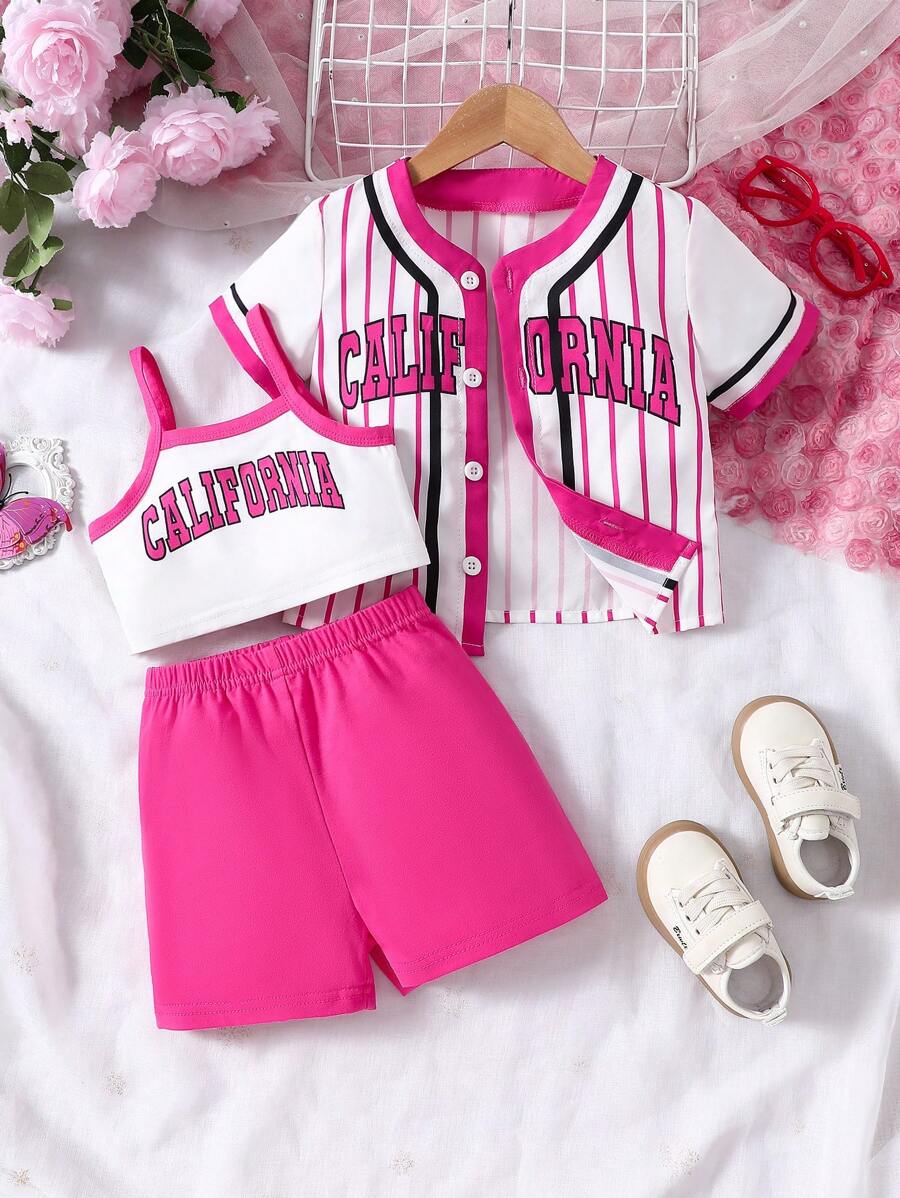Fashionable Color Block Baby Girl Sleeveless Top, Shorts And Short Sleeve Jacket Set - Hot Pink - View 1