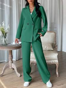 EURMUSE 女士純色休閒西裝外套和長褲2件套裝 - 軍綠色 - 查看 5